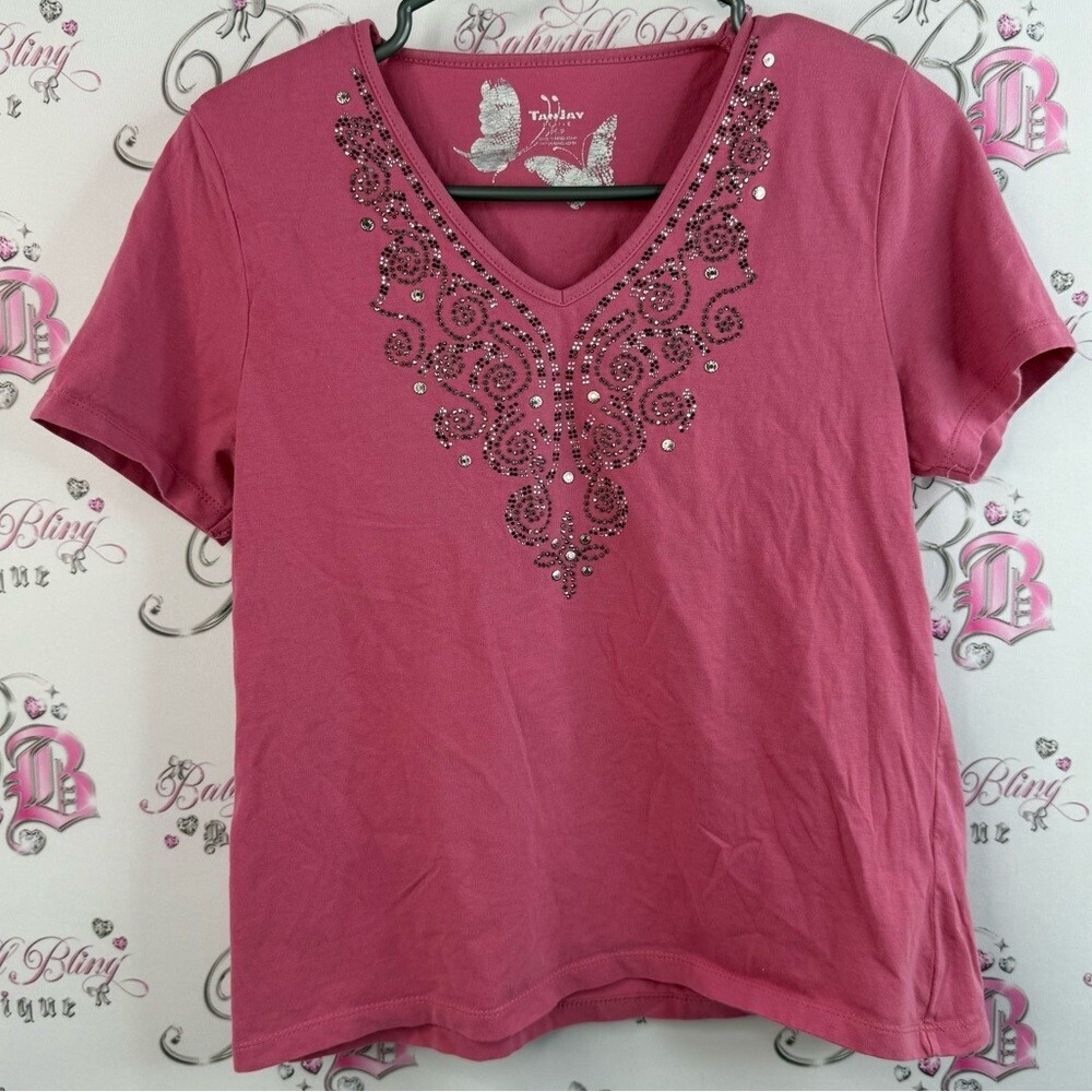 TanJay T-shirt jewels crystals shoulder pads, Pink Short Sleeve Embellished Top